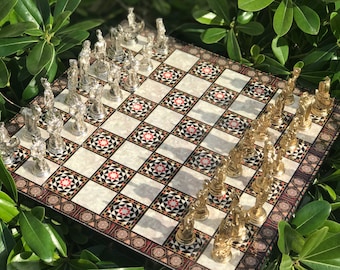 Unique Mythological Chess Set w\ Handmade Chess Set - Metal Chess Figure Pieces - Mother of Pearl Patterned Wooden Board - Chess with Board