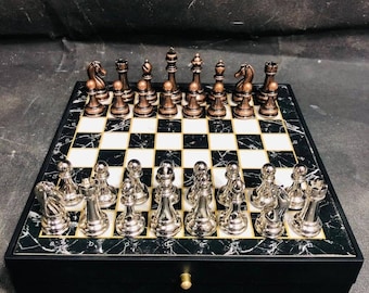 Mini Chess Set w/ Handmade Chess Pieces with Board - Wooden Chessboard - Unique Chess - Metal Classic Chess Pieces - Chess Art - Chess Gift