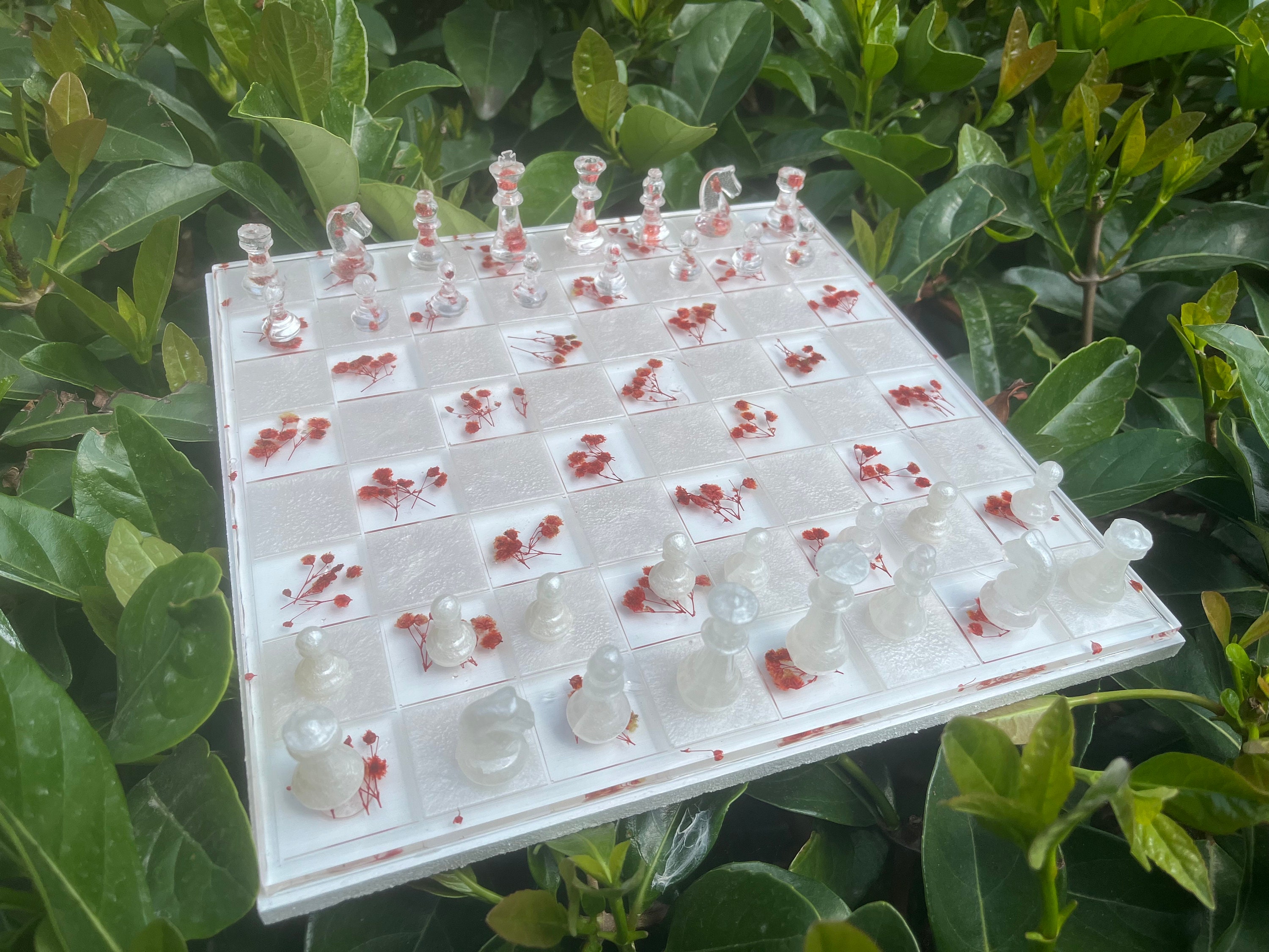 Floral Resin Chess Set: Handmade Epoxy Chessboard with Dried Flowers