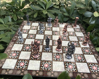 Unique Mythological Chess Set w\ Handmade Chess Set - Metal Chess Figure Pieces - Mother of Pearl Patterned Wooden Board - Chess with Board