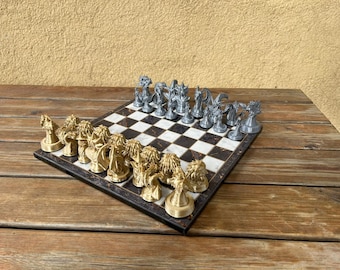 Dragon Chess Set – 3D Printed Fantasy Pieces, Wooden Board
