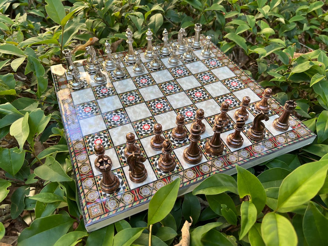 Wooden Chessboard With Classic Metal Chess Pieces W/ Handmade Chess ...