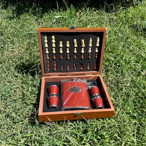 Personalized Hip Flask Chess Set: Handmade Wooden Travel Case
