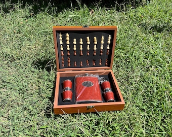 Personalized Hip Flask Chess Set: Handmade Wooden Travel Case