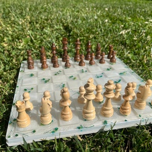 Handmade Floral Epoxy Chess Set: Wooden Chess Pieces