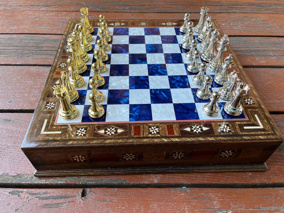 Vip Chessbox W\ Handmade Blue Chessboard - Inlaid Chess Set - Pearl ...