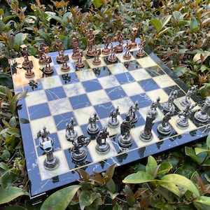 Luxury Roman Theme Chess Set – Metal Chess Pieces with Wooden Chessboard - Style Large Chess Board – Handmade Historical Battle Set Gift