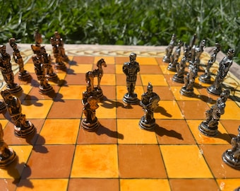 Handmade Trojan Metal Chess Set: Tiled Ceramic Board