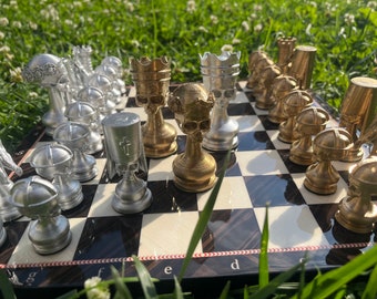 3D Skull Chess Set: Gothic Death's-Head Pieces, Handmade Wooden Board