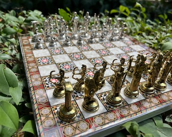 Ancient Rome Chess Set: Gold & Silver Metal Chessmen, Handmade Wooden Board