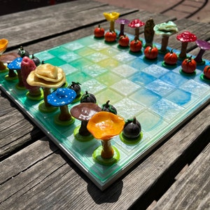 Resin Chess Set w\ Mushroom Chesspieces with Board - Handmade Chess Set - Unique Chess Pieces - Pumpkin Figure - Sweet Game Set - Gift