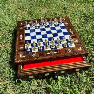 Pearl Inlaid Chessboard: Handmade Wooden Chess Set with Metal Pieces