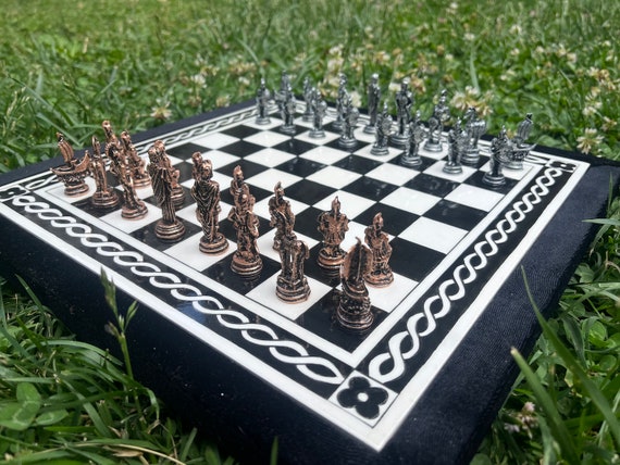 British Metal Chess Pieces With Ceramic Chess Board On Handmade Wood, Chess  Set