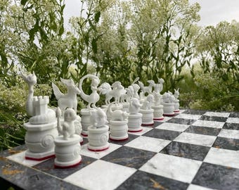 3D Printed Fantasy Chess Set | Custom Pokeball Pieces, Wooden Board