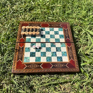 Handmade Wooden 3-in-1 Chess Backgammon Checkers Set - Inlaid Pearl Game Board