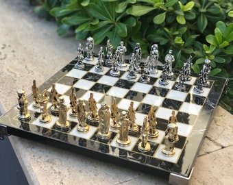 Mythological Chess Set w/ Board, Historical Figures, Marble Patterned Board with Figures, Square Board, Handmade Chess Set, Chess Pieces