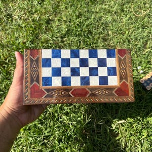 Handmade Blue Wood 3-in-1 Game Set: Chess, Backgammon, Checkers