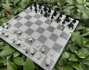 Handmade Epoxy Resin Chess Set: Silver & Black Unique Game