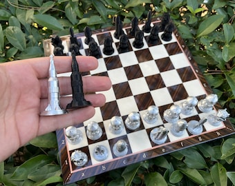 Space Race Chess Set w\ Handmade Chess Board - War Chess - Rocket Motif - 3D Game Set - Gift for Space Ship Lover - Unique Game Set