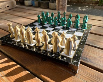 Halloween Pumpkin Chess Set: 3D Printed Pieces on Wooden Board