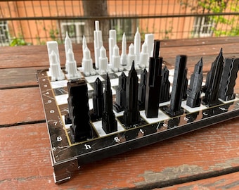 Skyscraper Chess Set - State Building Figures Game Pieces - 3D Tower Chess - Building Chess Pieces - Wooden Chessboard - Gift for Architect