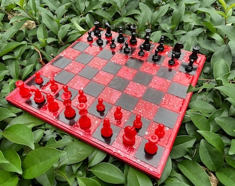 Handmade Black & Red Epoxy Resin Chess Set: Unique Strategy Game Gift