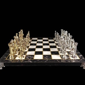 Handmade Metal Chess Set: Marble Pattern Wooden Board, Shield Pawns