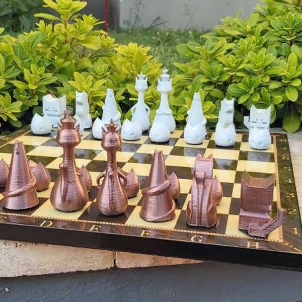 Cat Chess Set w\ Cat Pieces with Board - Handmade 3D Chess Set - Unique Chess Pieces - Pet Chess Set - Art Game Board- Gift for Friends