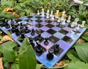 Epoxy Resin Chess Set: Purple Chessboard with Black & Silver Pieces