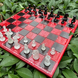 Customizable Epoxy Resin Chess Set: Red & Black Board, Handmade Pieces