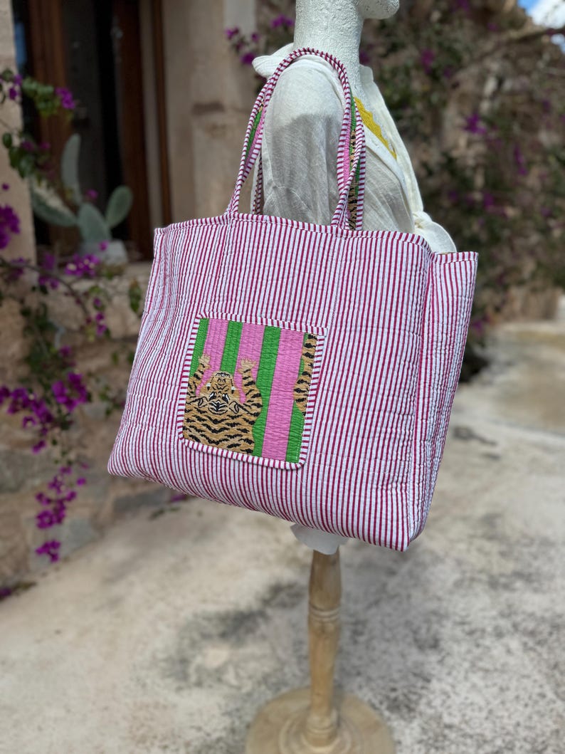 Reversible Quilted Cotton Tote Bag – Tiger Print – Pink & Green Stripes ...
