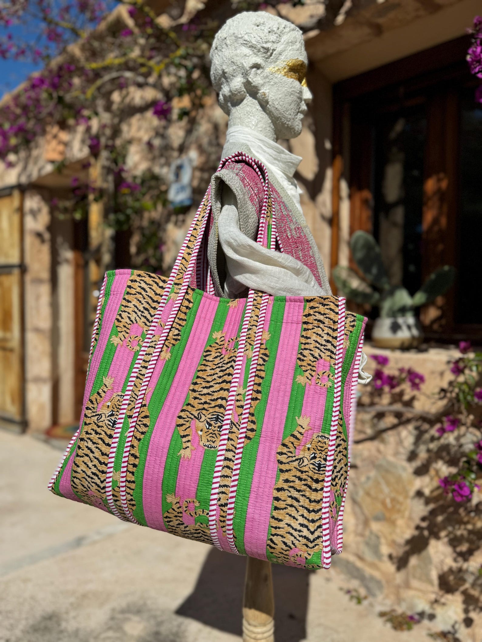 Reversible Quilted Cotton Tote Bag – Tiger Print – Pink & Green Stripes ...