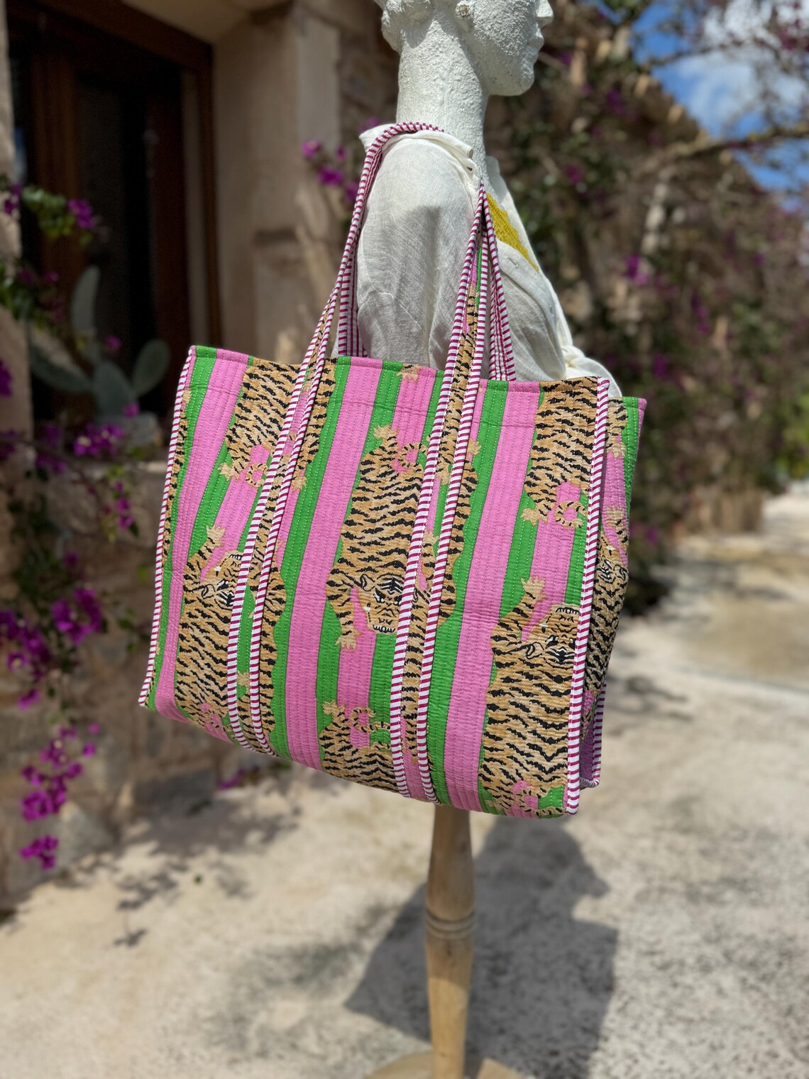 Light Pink Blue Tiger Print Large Quilted Travel Tote Bag