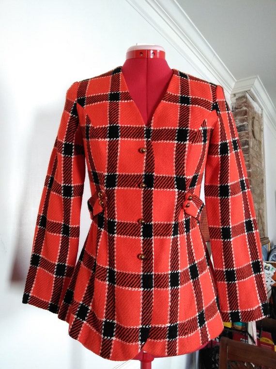 1960s Orange Plaid Blazer Jacket with Belt