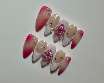 pink aura glazed white french tip 3d gel medium stiletto press on nails