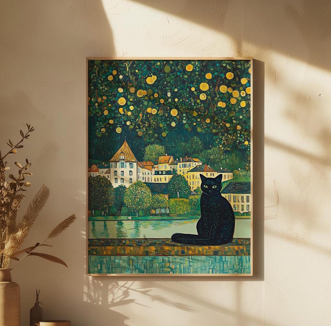 Gustav Klimt Garden Cat Art Print | Klimt Inspired Black Cat Print ...