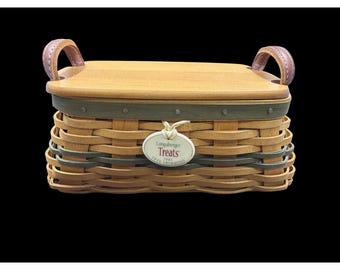 Longaberger 2002 Treats Basket Wood Lid Leather Handles Signed Bob Tree Trimming