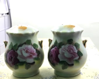 Vtg Smith Western Porcelain Rose Salt & Pepper Set -Japan Original Stickers
