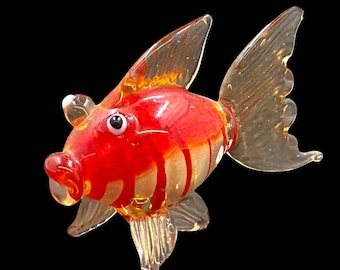 Hand Blown Glass Goldfish Figurine Red Orange Clear Miniature Art 2 Inch