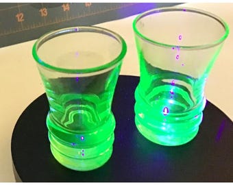 Vintage Green Uranium Glass Shot Glasses - Set Of 2 - 2.5" Tall
