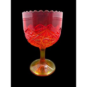 Red Pressed Glass Goblet Vintage Ruby Pattern Glows Orange Under UV Light Cadmium