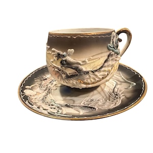 Antique Nippon Hand Painted Dragon Teacup & Saucer Moriage Raised Relief Japan