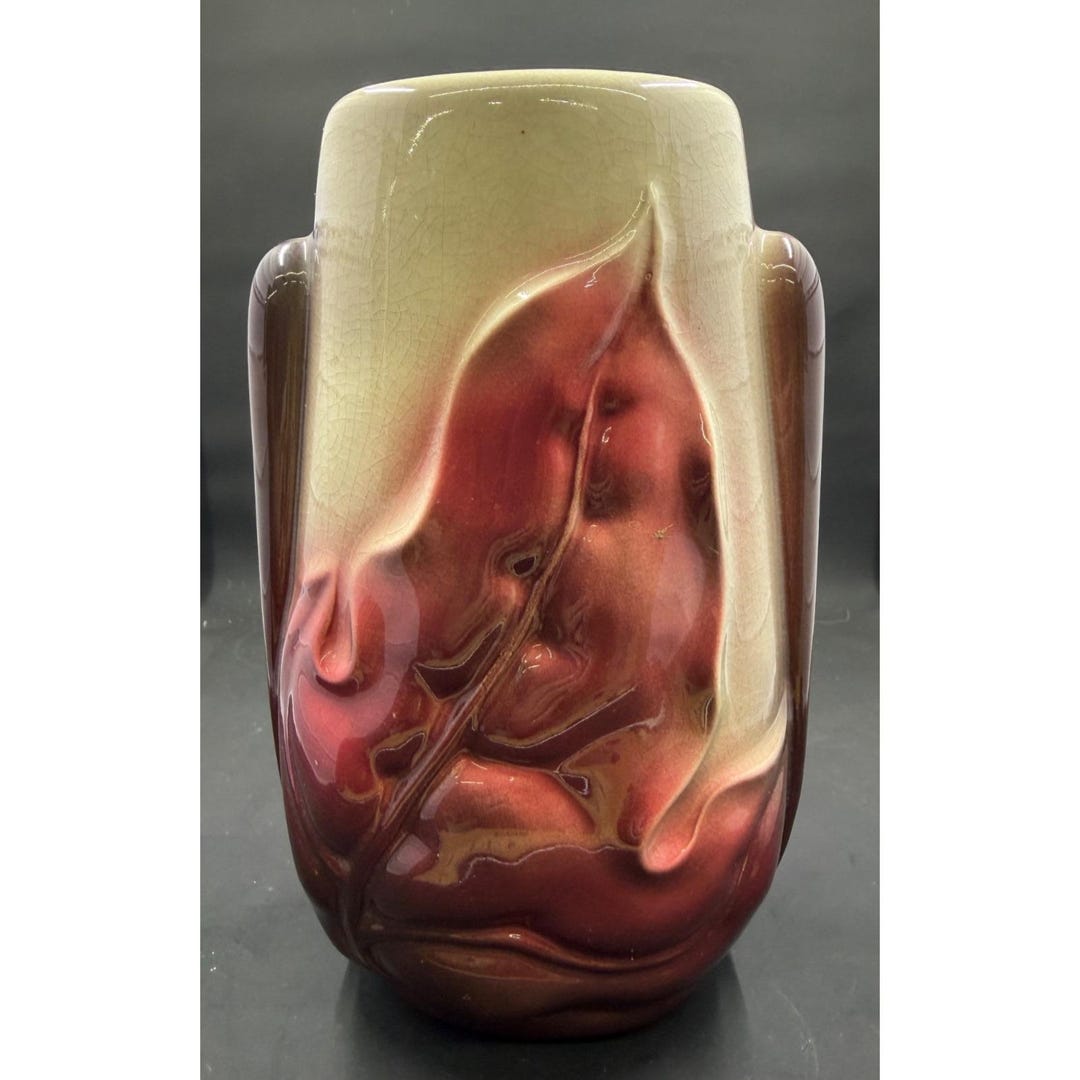 Vintage Art Pottery Vase Drip Glaze Burgundy Cream Leaf Relief - Etsy