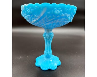 Fenton Blue Opalescent Rose Pedestal Compote Candy Dish Vintage Pressed Glass