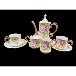 VTG Lefton Floral Porcelain Tea Coffee 8 Pieces Green Heritage Rose Gold Accents