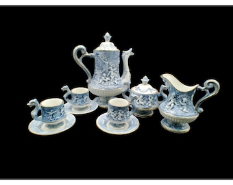 Vintage R Capodimonte M.A.S. Italy 9pc Demitasse Coffee Set Cherubs Blue Gold