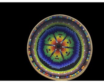 Cuenco de arte popular huichol ~ Artesano nativo con cuentas de peyote chamán ~ Hermoso de México