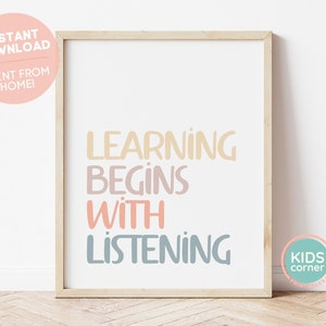 Learning Begins With Listening Print, Classroom Colors Print, Boho Printable, Classroom Decor, Playroom Decor, Kids Corner, DIGITAL FILE