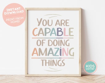 You Are Capable Of Doing Amazing Things Print, Boho Word Art Decor, Playroom Decor, Kids Room Decor, Classroom Positive Art DIGITAL DOWNLOAD