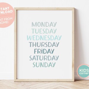 Days of the Week Chart, Afdrukbare kunst aan de muur, educatieve print, blauwgroene kinderkamerprint, homeschool klassikaal decor, digitale download